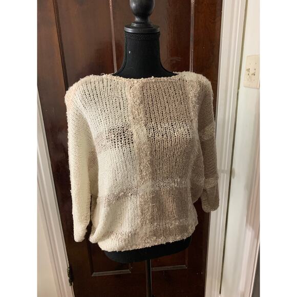 Vintage 90s Side Effects Hand Knit Acrylic Sweater White Beige Checked MEDIUM - Picture 9 of 13